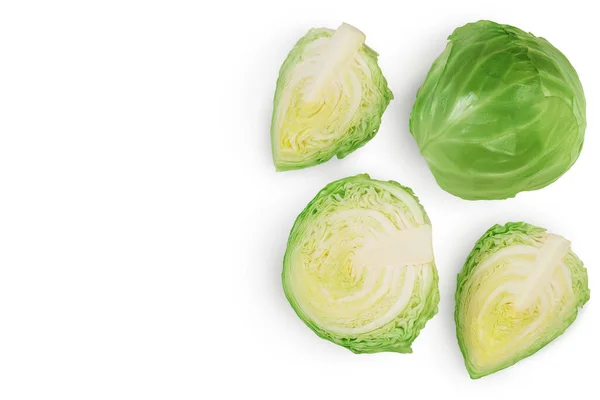 Green cabbage with half isolated on white background with clipping path and full depth of field. Top view with copy space for your text. Flat lay — Stock Photo, Image