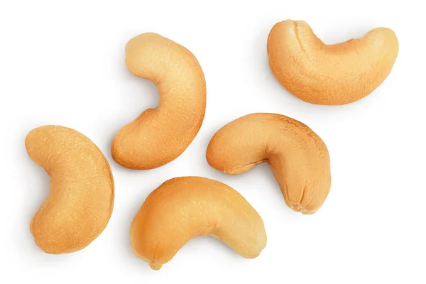 Geröstete Cashewnüsse isoliert auf weißem Hintergrund mit Schnittweg und voller Schärfentiefe. Ansicht von oben. flache Lage — Stockfoto