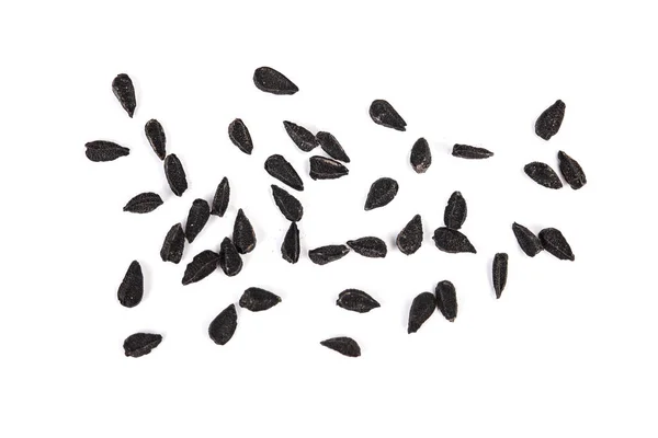 Nigella sativa ou cominho preto isolado em fundo branco. Vista superior. Depósito plano . — Fotografia de Stock