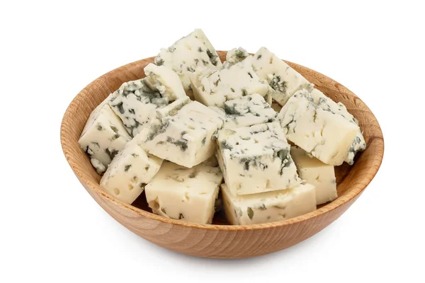 Diced Blue cheese in wooden bowl isolated on white background with clipping path and full depth of field. — Stock Photo, Image