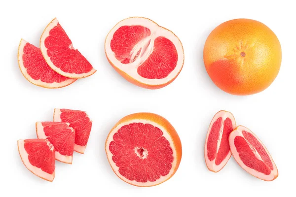 Grapefruit und Scheiben isoliert auf weißem Hintergrund. Ansicht von oben. Flach lag er. Mit Clipping-Pfad und voller Schärfentiefe, Set oder Sammlung — Stockfoto