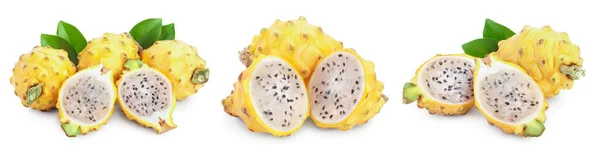 Ripe Dragon fruit, Pitaya or Pitahaya yellow isolated on white background, fruit healthy concept. Set or collection — 스톡 사진