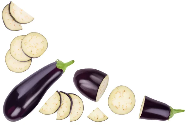 Eggplant or aubergine with slices isolated on white background with copy space for your text. Full depth of field. top, view, flat lay — Stock Photo, Image
