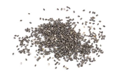 Beyaz arka planda izole Chia tohumları. Üst Manzara. Düz yatıyordu.