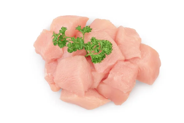 Fresh diced chicken fillet with parsley isolated on white background with clipping path and full depth of field. Top view. Flat lay — Stock Photo, Image