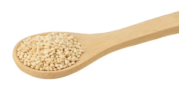 White quinoa seeds in wooden spoon isolated on white background with clipping path and full depth of field. — Stock Photo, Image