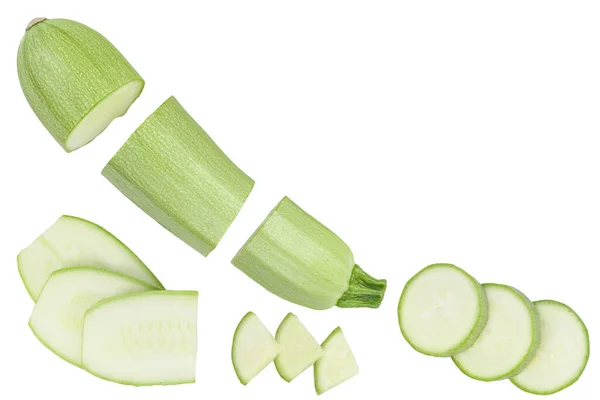 Zucchini oder Knochenmark isoliert auf weißem Hintergrund mit Clipping-Pfad und voller Schärfentiefe. Ansicht von oben. Flach lag er. Set oder Sammlung — Stockfoto