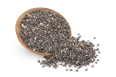 Tahta kasedeki Chia tohumları kesme yolu ve tam derinlikteki beyaz arka planda izole edilmiş.