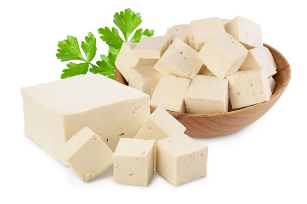 Heap of diced tofu cheese isolated on white background with clipping path and full depth of field, — Stock Photo, Image