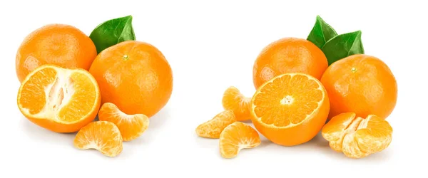 Mandarijn- of mandarijnenfruit met bladeren geïsoleerd op witte achtergrond. Set of verzameling — Stockfoto