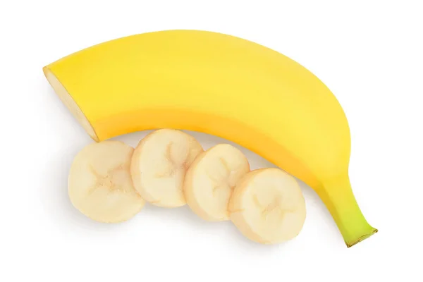 Банан изолирован на белом фоне с обрезкой пути и полной глубиной резкости. Вид сверху. Плоский лежал. — стоковое фото