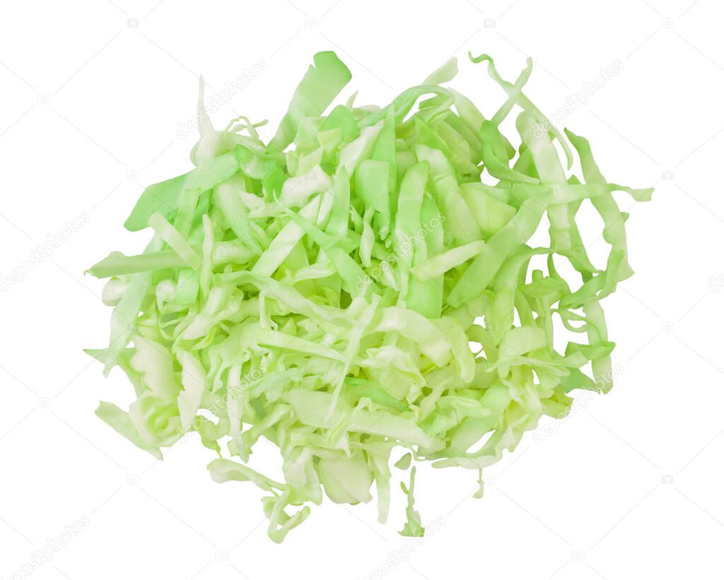 Green chopped cabbage isolated on white background with clipping path and full depth of field. Top view. Flat lay.