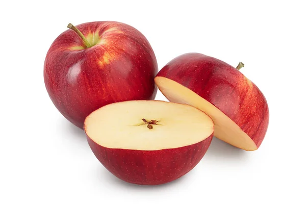 Κόκκινο μήλο με μισό απομονωμένο σε λευκό φόντο με μονοπάτι αποκοπής και πλήρες βάθος πεδίου — Φωτογραφία Αρχείου