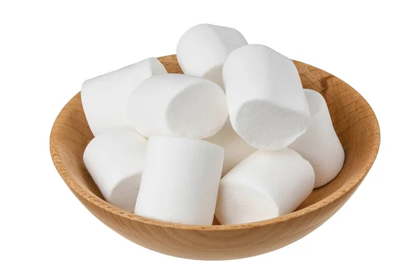 Marshmallow i trä skål isolerad på vit bakgrund med klippbana och full skärpedjup — Stockfoto