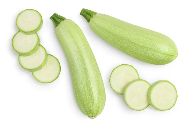 Zucchini eller märg isolerad på vit bakgrund med klippning väg och full skärpedjup. Högst upp. Platt äggläggning — Stockfoto