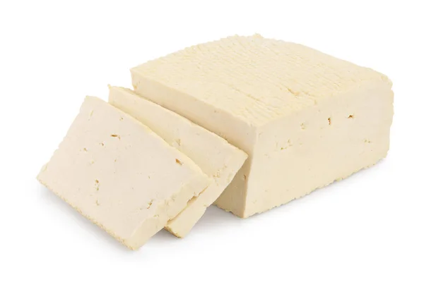 Formaggio tofu isolato su sfondo bianco con percorso di ritaglio e piena profondità di campo, — Foto Stock