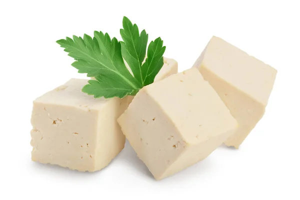 Tofu-Würfel isoliert auf weißem Hintergrund mit Clipping-Pfad und voller Schärfentiefe, — Stockfoto
