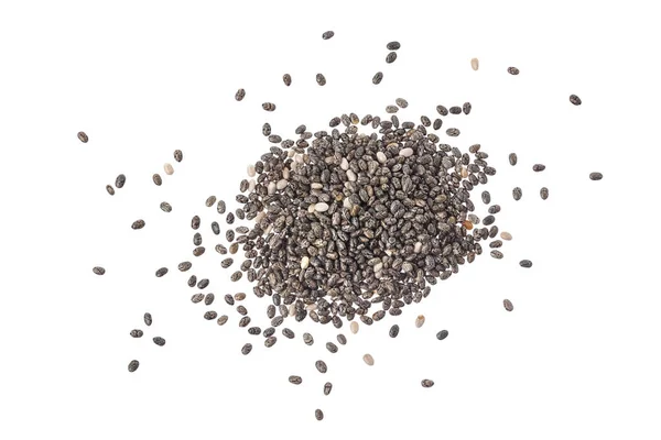 Chia zaden geïsoleerd op witte achtergrond met clipping pad en volledige scherptediepte. Bovenaanzicht. Vlakke plaat. — Stockfoto