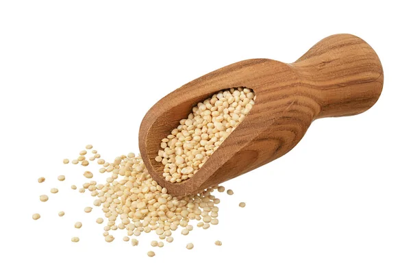 Sementes de quinoa branca em colher de madeira isolada em fundo branco com caminho de recorte e profundidade total de campo. — Fotografia de Stock