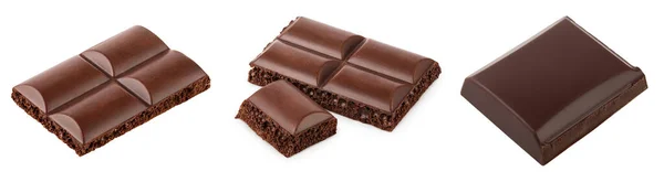 Kleine dunkle Schokoladenstücke isoliert auf weißem Hintergrund mit Clip-Pfad. Set oder Sammlung — Stockfoto