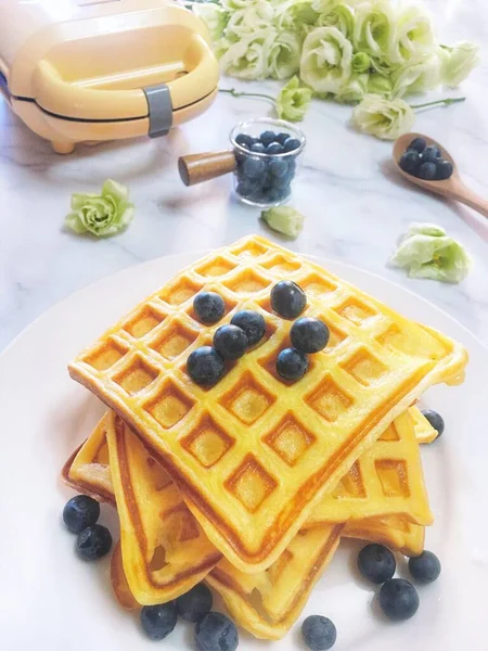 Delicious Waffles Blueberries Honey White Background — Stock Photo, Image