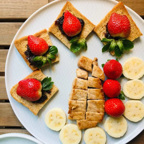 Pancakes Strawberries Chocolate Plate — Stock Photo, Image
