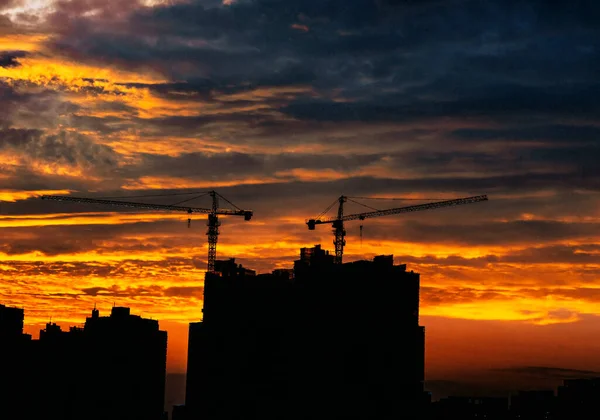 silhouette of a building cranes on the background of the sunset.