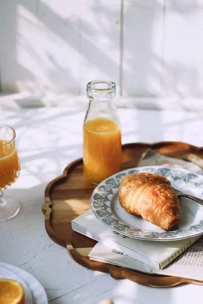 Breakfast Croissants Coffee White Table — Stock Photo, Image