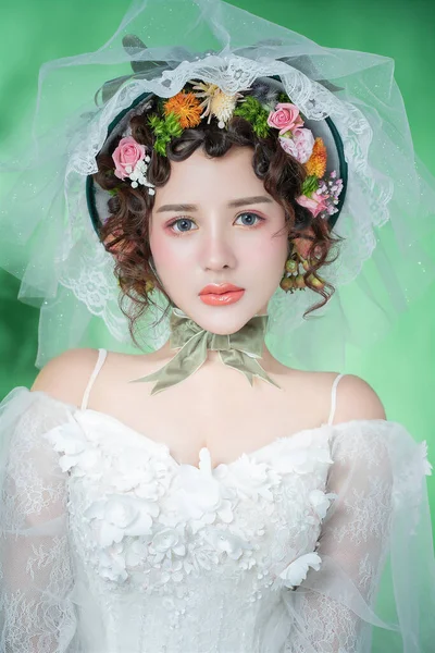 beautiful bride with flowers in hair