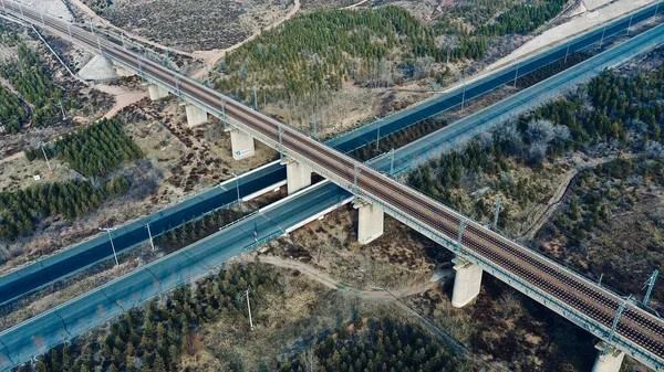 aerial view of the railway bridge in the city of barcelona