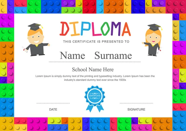 Kids diploma preschool elementary school design certificate back — Stock Vector
