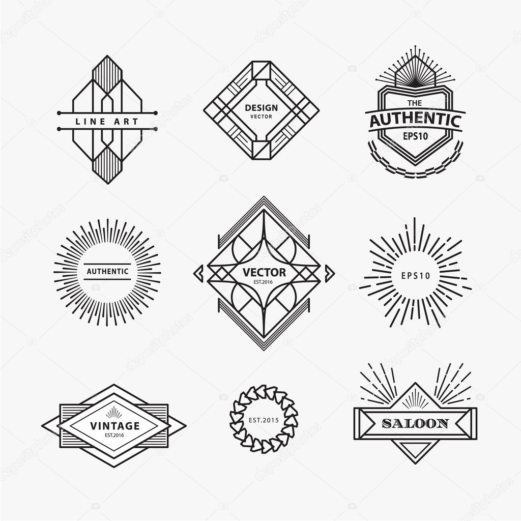 Set of vintage linear thin line geometric shape art deco retro design elements with badge