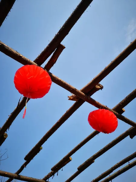 Red White Lanterns Hanging Roof House — Stock Photo, Image