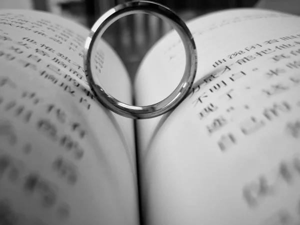 wedding rings and glasses of the holy bible