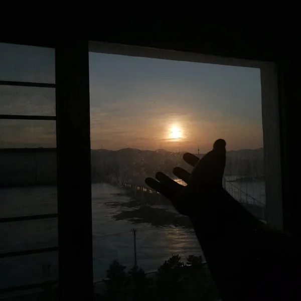 silhouette of a man with a sunset on the background of the window