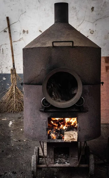 old wooden kitchen with a fire