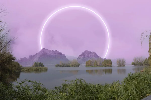 3d rendering of a purple lake with a rainbow and a river