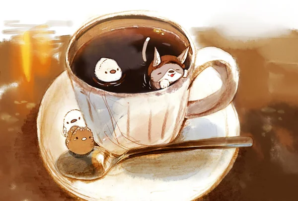 watercolor illustration of a cup of coffee with a tea mug