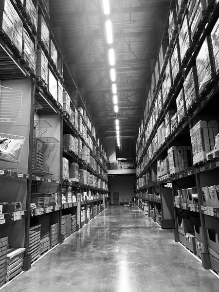 warehouse shelves in a modern building