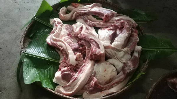 fresh raw pork meat in a market