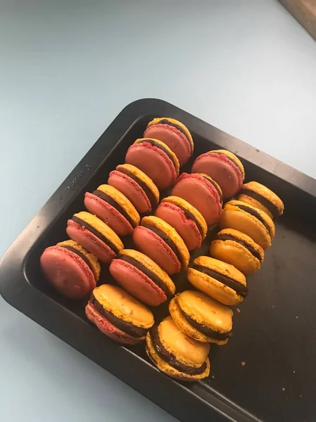 sweet colorful macarons with chocolate and mint