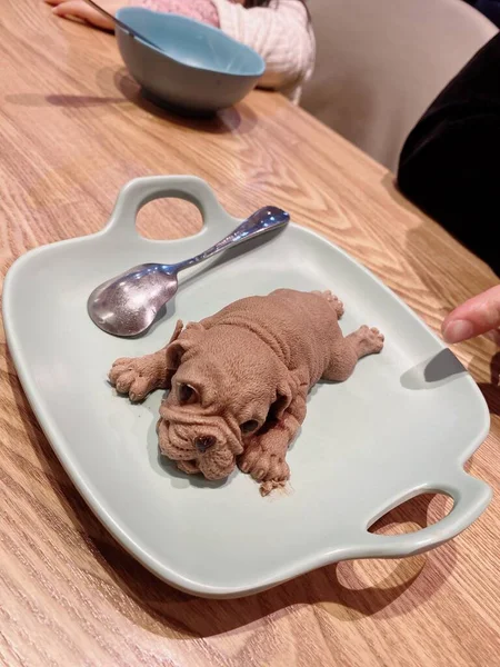 dog eating food on the table