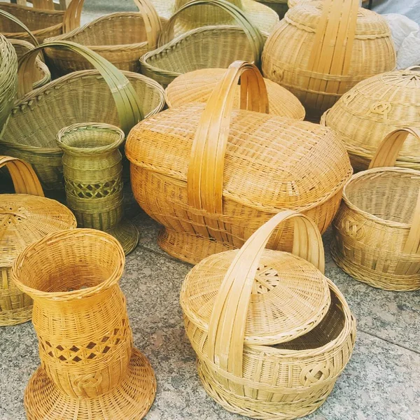 wicker basket with wooden baskets