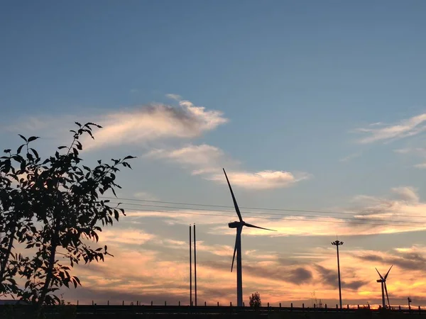 wind turbine in the sunset sky
