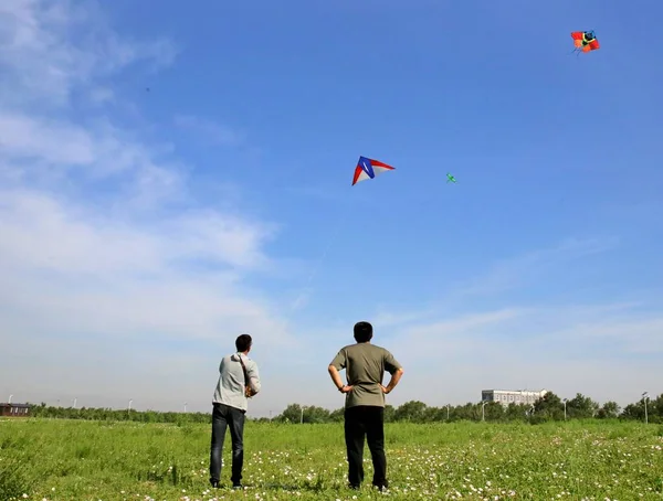 father and son playing with kite on the beach