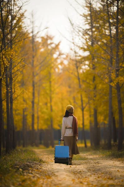 young woman with suitcase in the autumn park