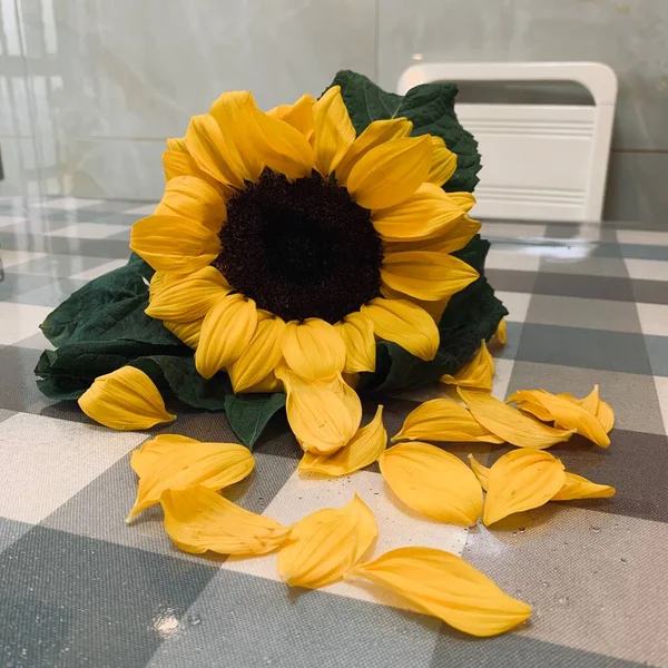 yellow and orange sunflowers in a vase on a wooden table