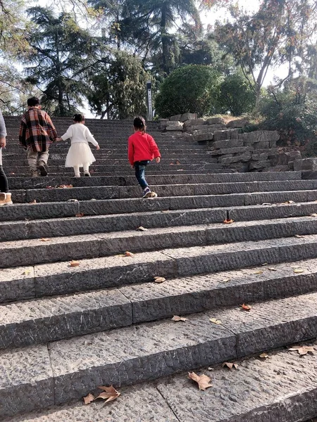 a man is walking on the stairs of the mountain