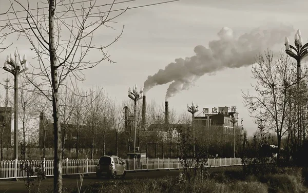 industrial factory, smoke and pipes