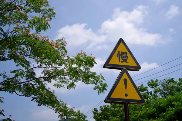 road sign with a warning symbol